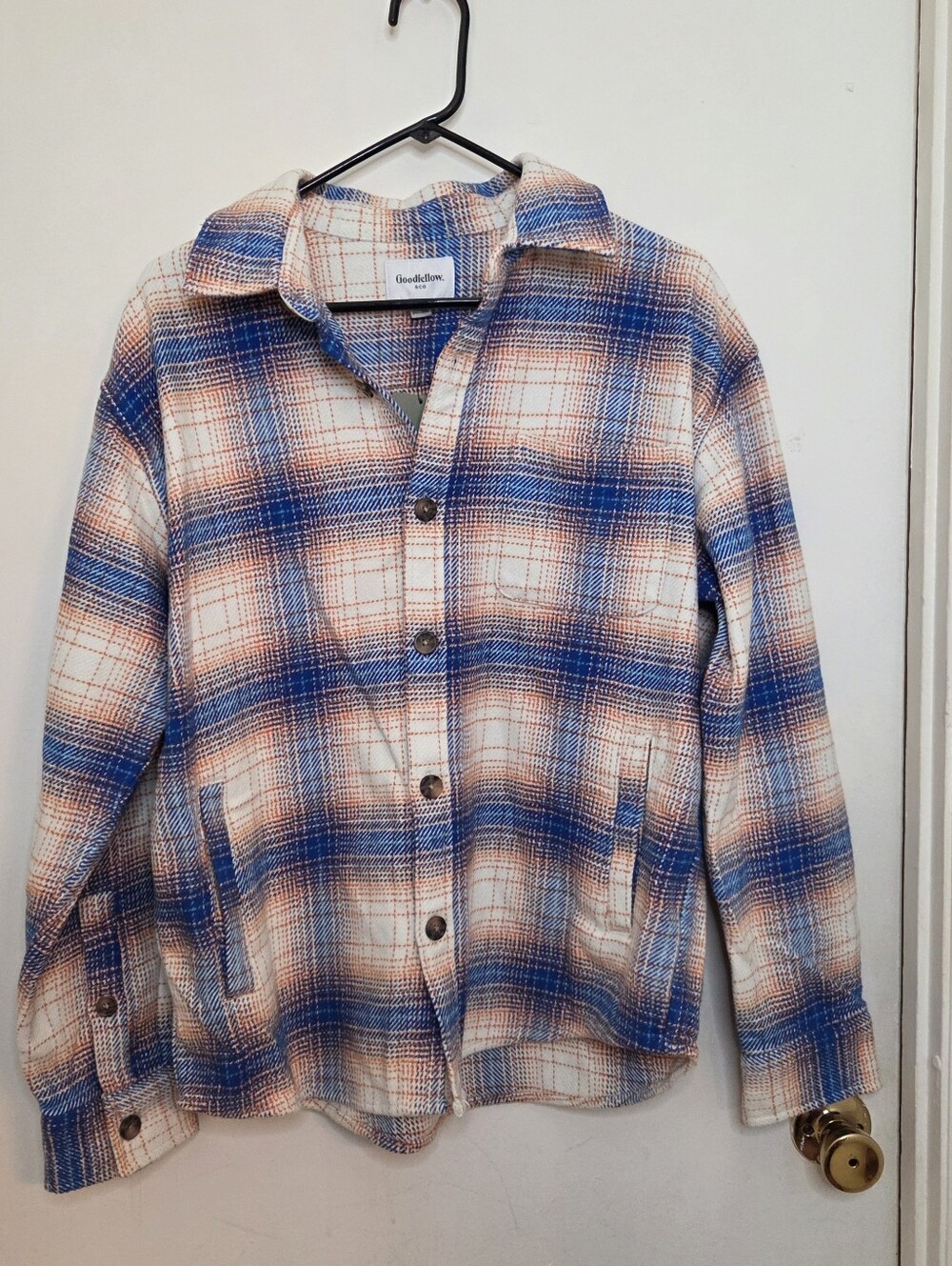 Mens Medium Goodfellow Plaid Heavy Flannel Shirt Jacket  NEW Blue Orange White